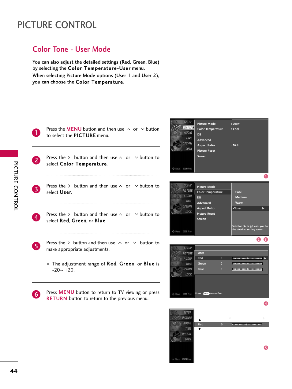 Color tone - user mode, Picture control, Picture contr ol | LG Z47LC6DF-UL User Manual | Page 46 / 104