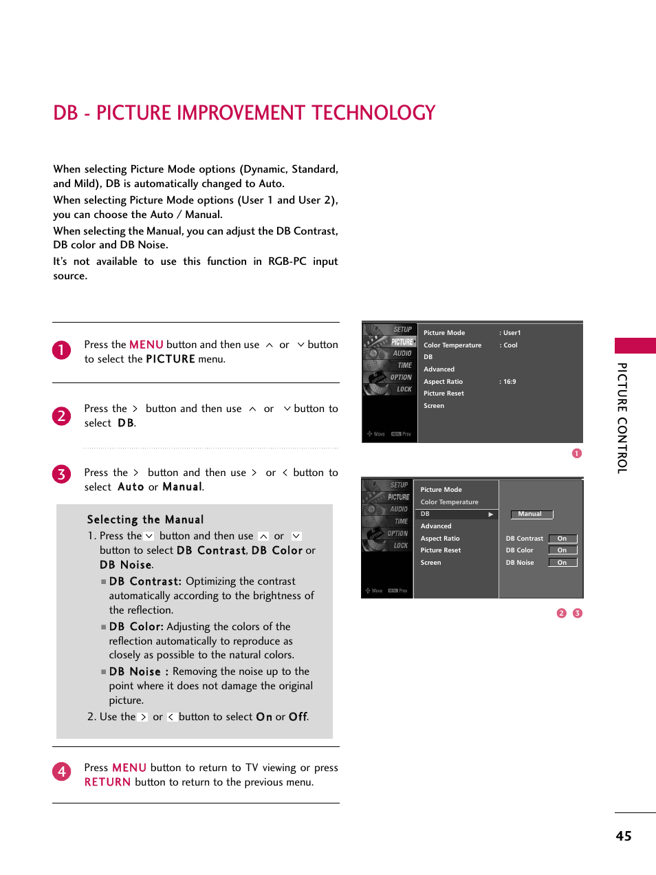 Db - picture improvement technology, Picture contr ol | LG Z47LC6DF-UL User Manual | Page 47 / 104