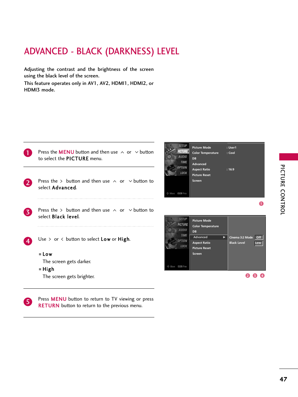 Advanced - black (darkness) level, Picture contr ol | LG Z47LC6DF-UL User Manual | Page 49 / 104