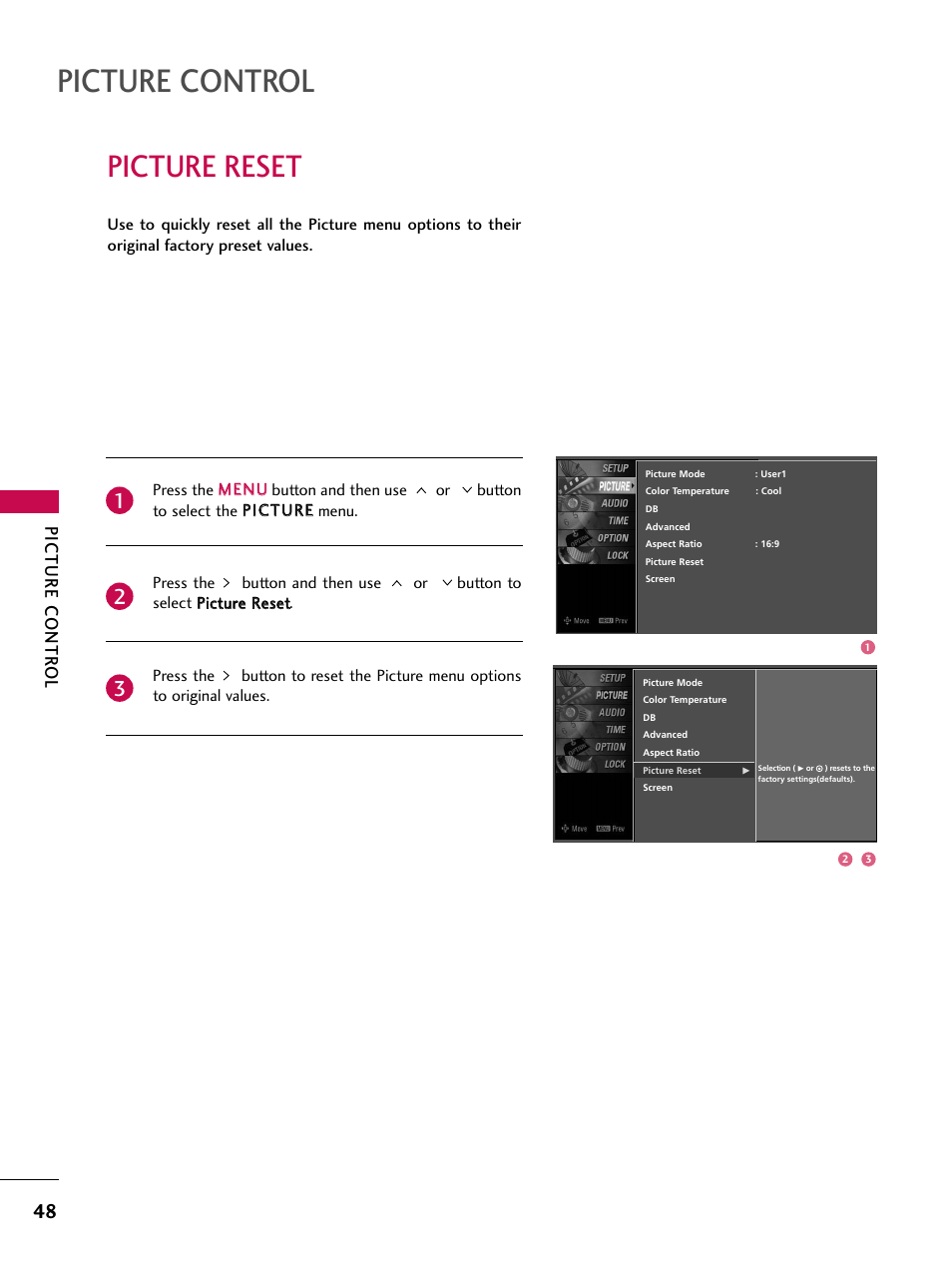 Picture reset, Picture control, Picture contr ol | LG Z47LC6DF-UL User Manual | Page 50 / 104