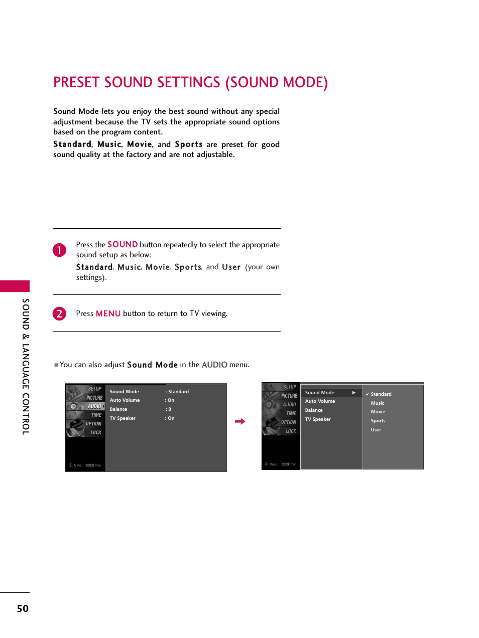 Preset sound settings (sound mode), Sound & langu a ge contr ol | LG Z47LC6DF-UL User Manual | Page 52 / 104