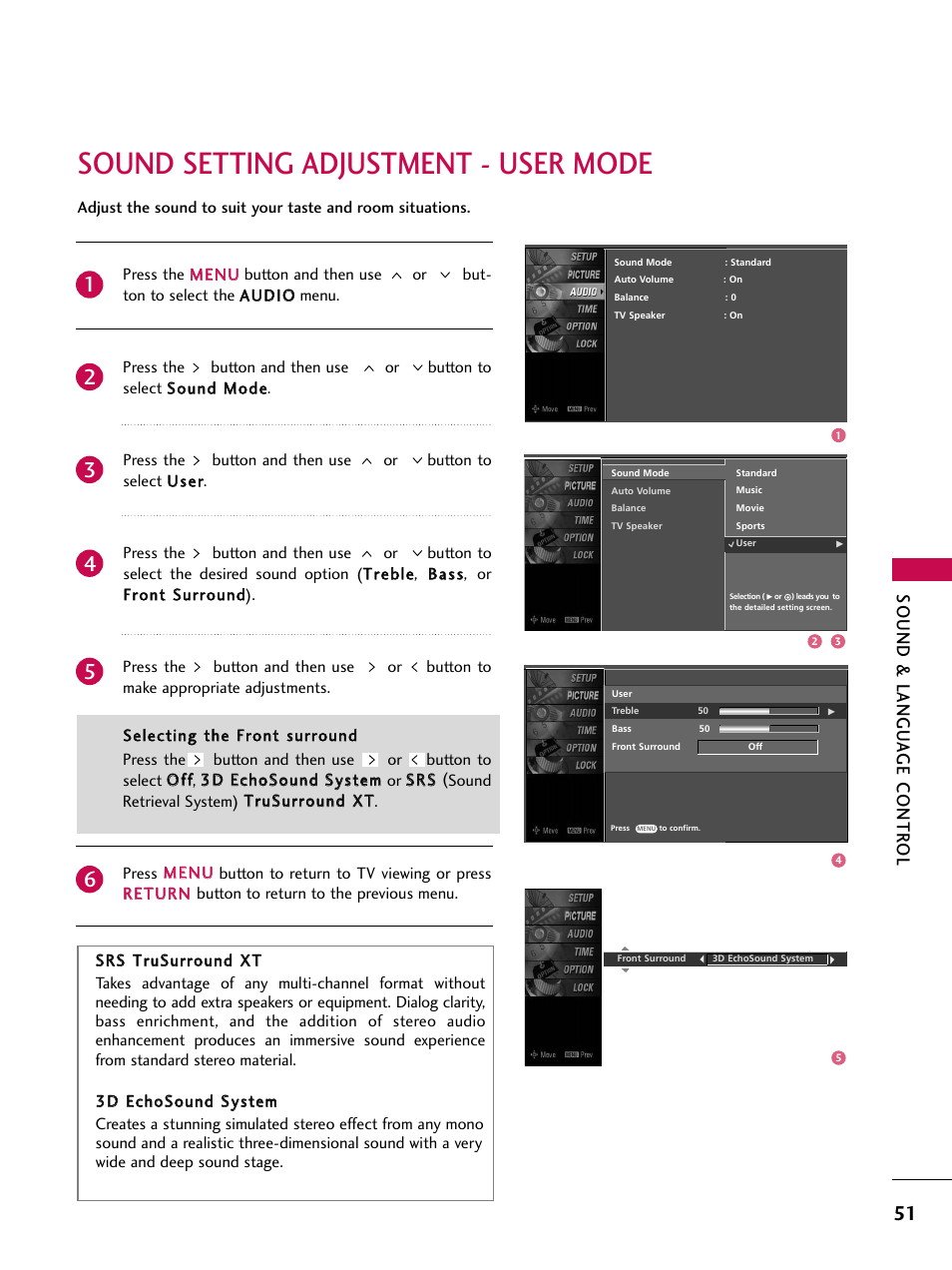 Sound setting adjustment - user mode, Sound & langu a ge contr ol | LG Z47LC6DF-UL User Manual | Page 53 / 104