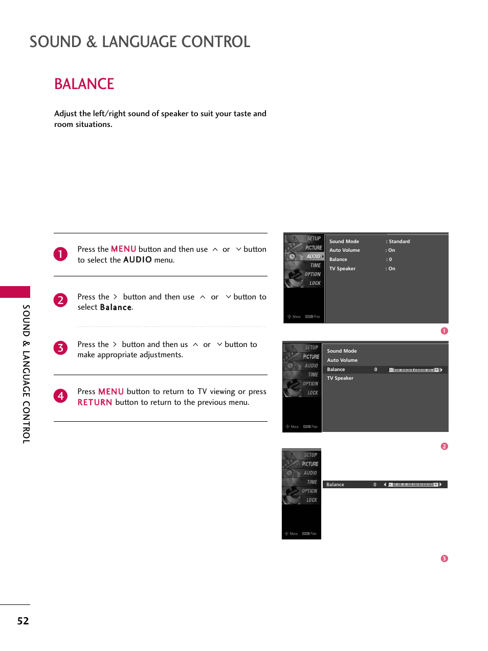 Balance, Sound & language control, Sound & langu a ge contr ol | LG Z47LC6DF-UL User Manual | Page 54 / 104