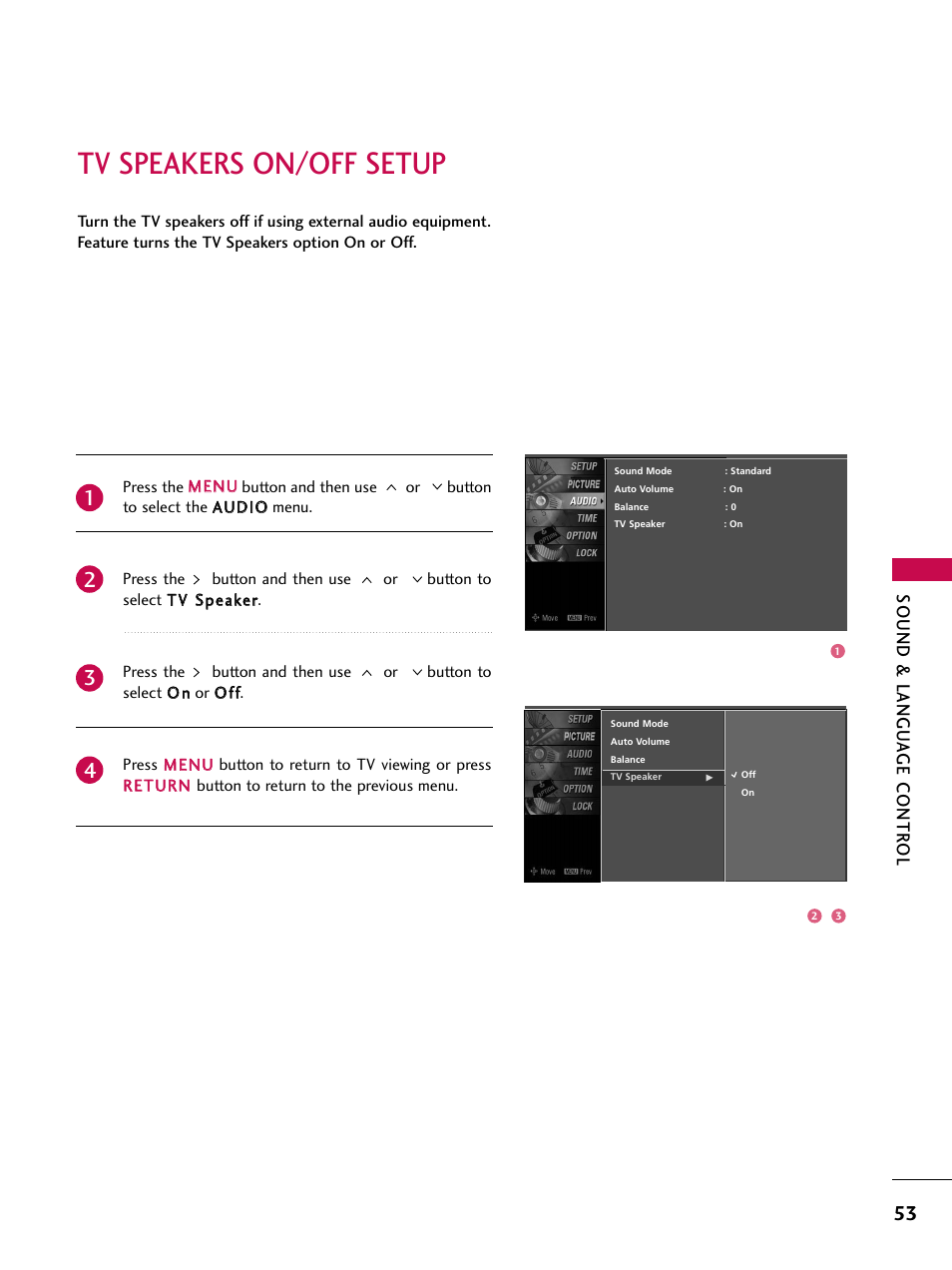 Tv speakers on/off setup, Sound & langu a ge contr ol | LG Z47LC6DF-UL User Manual | Page 55 / 104
