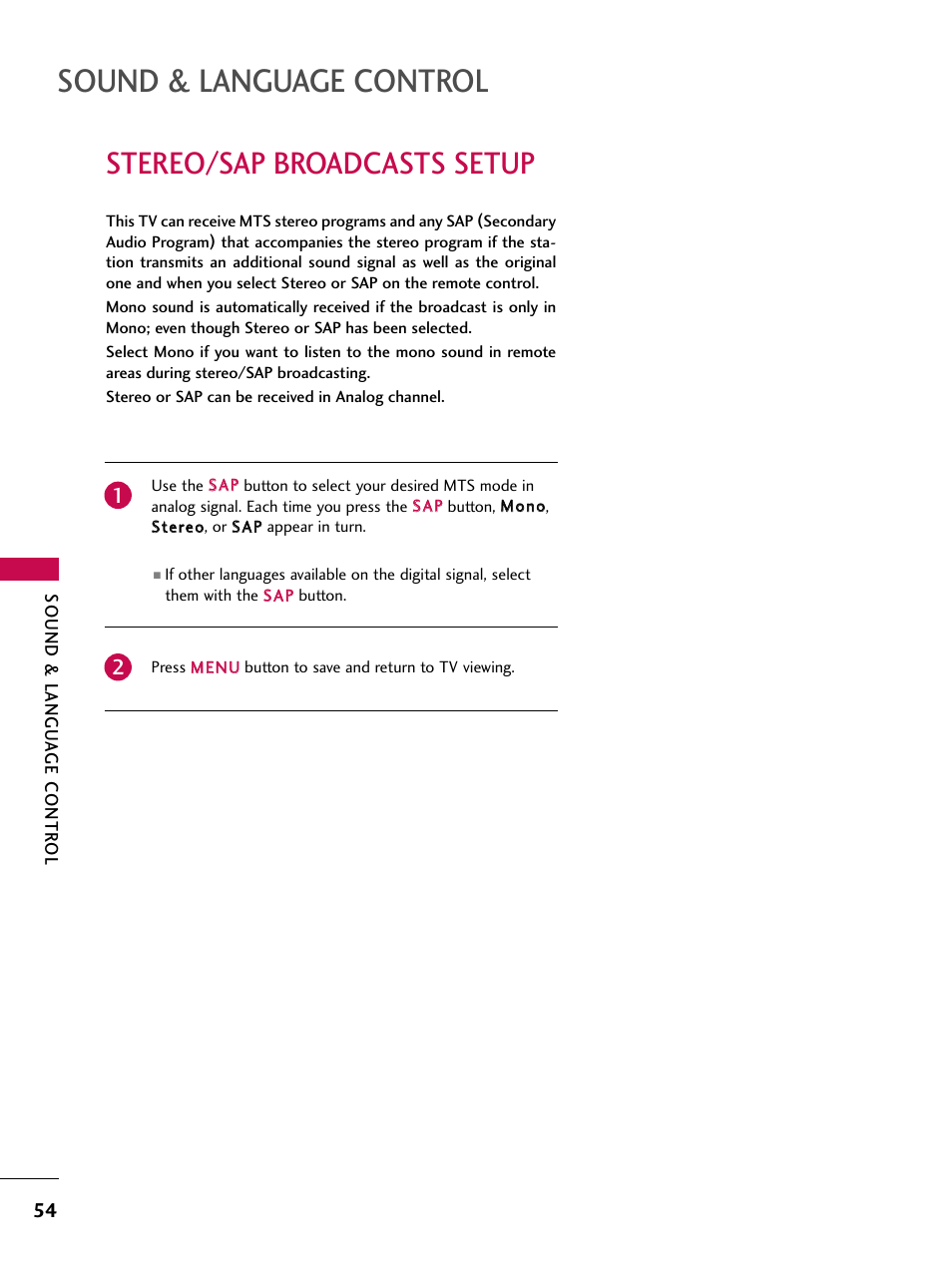 Stereo/sap broadcasts setup, Sound & language control | LG Z47LC6DF-UL User Manual | Page 56 / 104