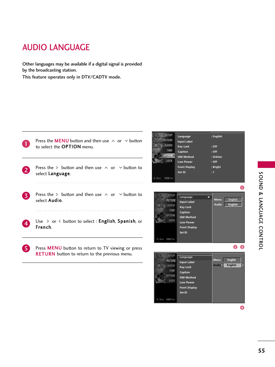 Audio language, Sound & langu a ge contr ol | LG Z47LC6DF-UL User Manual | Page 57 / 104