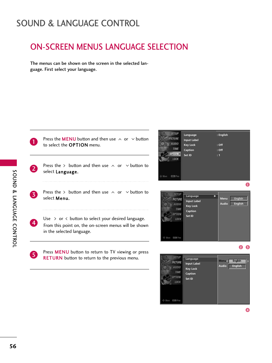 On-screen menus language selection, Sound & language control, Sound & langu a ge contr ol | LG Z47LC6DF-UL User Manual | Page 58 / 104