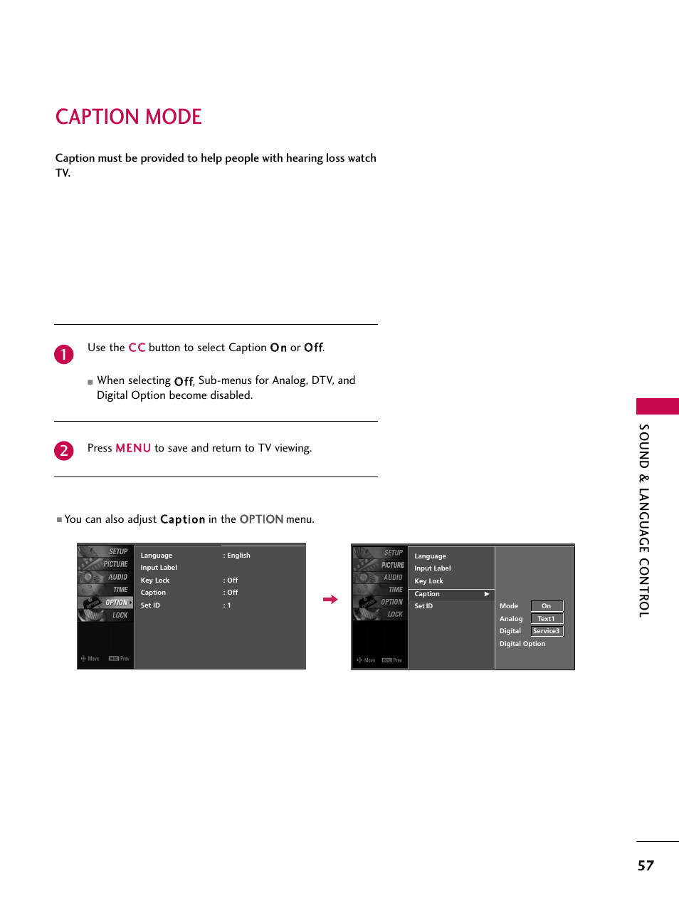 Caption mode, Sound & langu a ge contr ol | LG Z47LC6DF-UL User Manual | Page 59 / 104