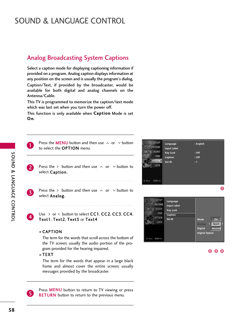 Analog broadcasting system captions, Sound & language control, Sound & langu a ge contr ol | LG Z47LC6DF-UL User Manual | Page 60 / 104
