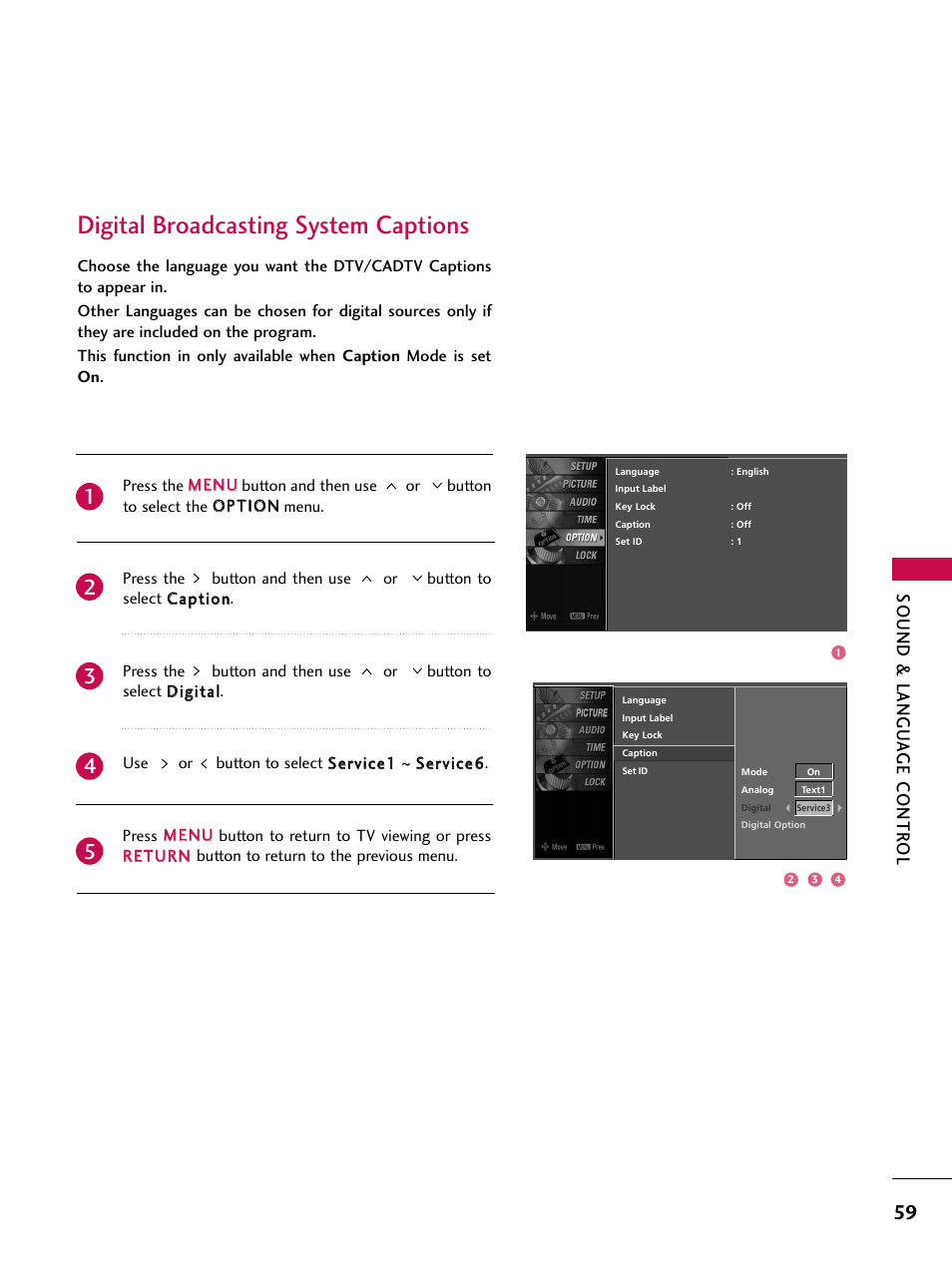 Digital broadcasting system captions, Sound & langu a ge contr ol | LG Z47LC6DF-UL User Manual | Page 61 / 104