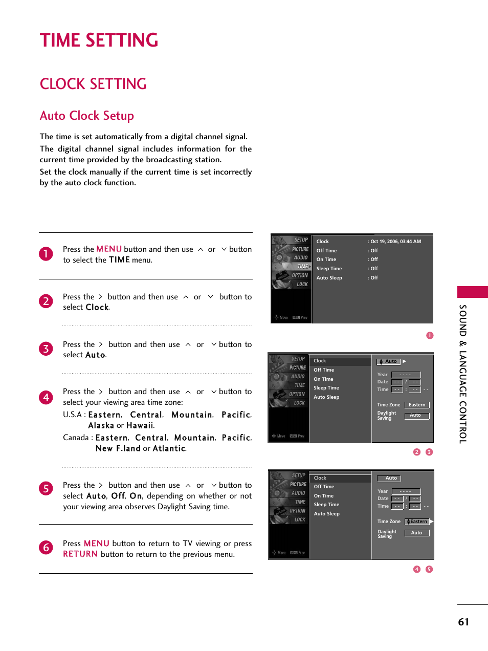 Time setting, Clock setting, Auto clock setup | Sound & langu a ge contr ol | LG Z47LC6DF-UL User Manual | Page 63 / 104