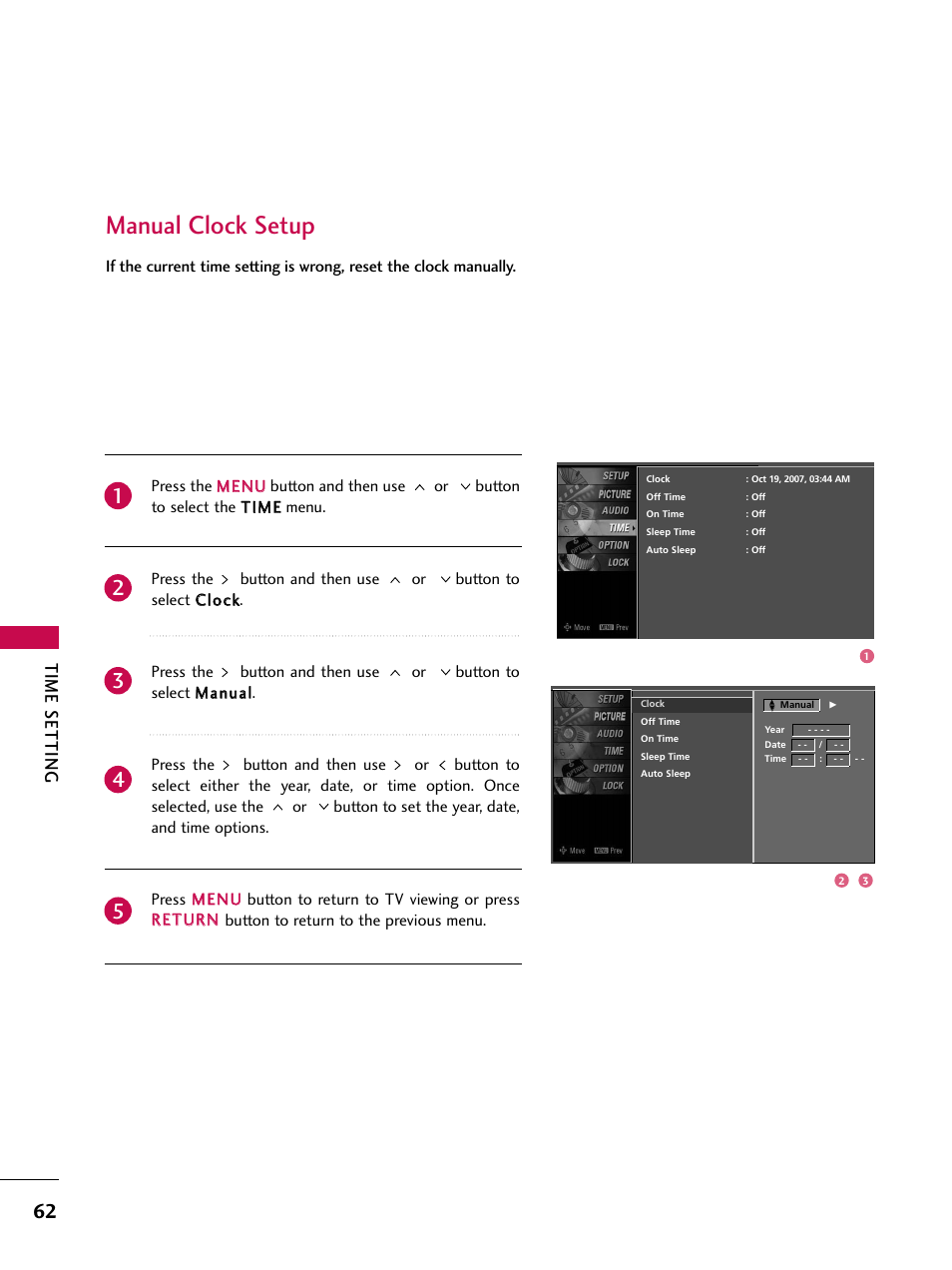 Manual clock setup, Time setting | LG Z47LC6DF-UL User Manual | Page 64 / 104
