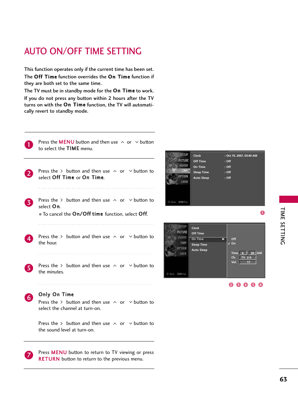Auto on/off time setting, Time setting | LG Z47LC6DF-UL User Manual | Page 65 / 104