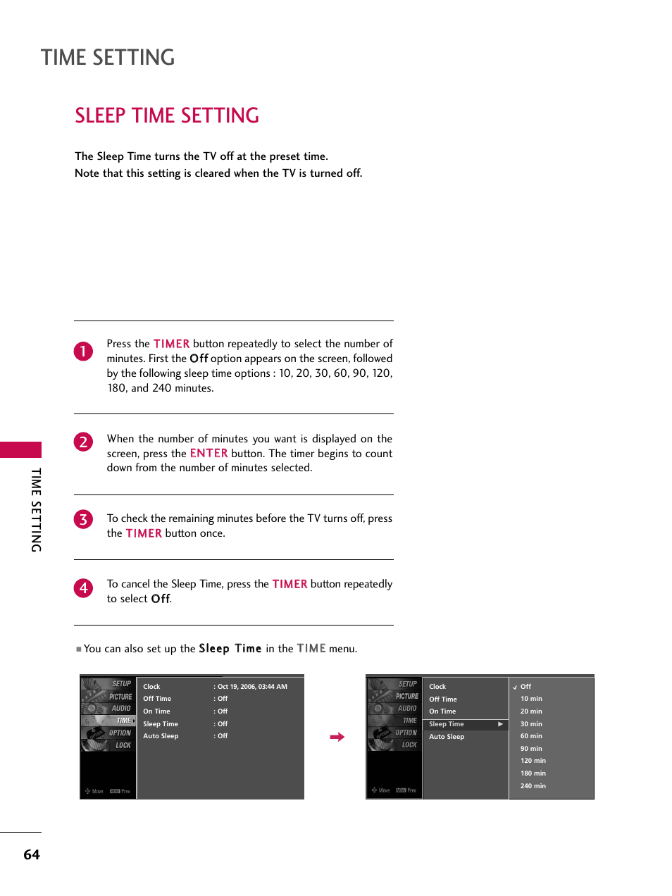 Sleep time setting, Time setting | LG Z47LC6DF-UL User Manual | Page 66 / 104