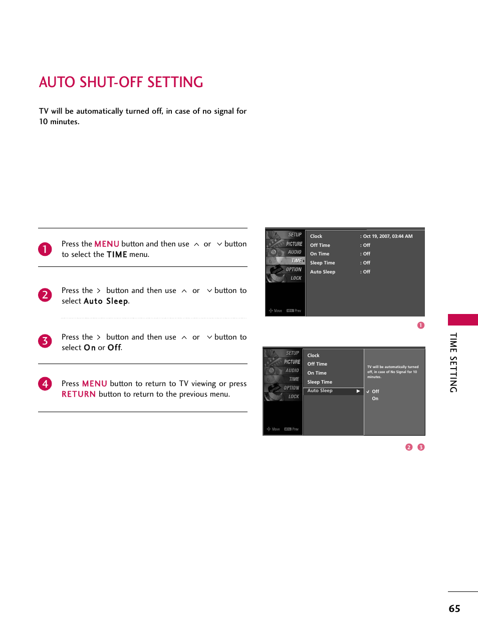Auto shut-off setting, Time setting | LG Z47LC6DF-UL User Manual | Page 67 / 104