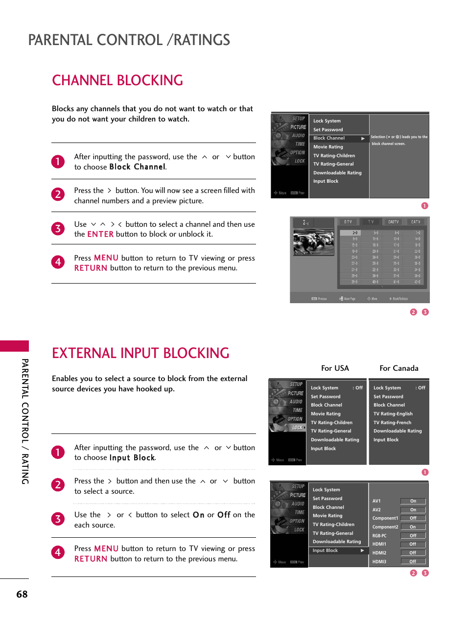 Channel blocking, External input blocking, Parental control /ratings | Parent al contr ol / r ating | LG Z47LC6DF-UL User Manual | Page 70 / 104