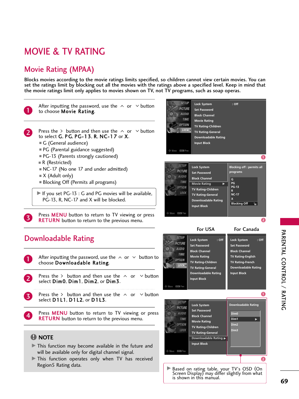Movie & tv rating, Movie rating (mpaa), Downloadable rating | Parent al contr ol / r ating | LG Z47LC6DF-UL User Manual | Page 71 / 104