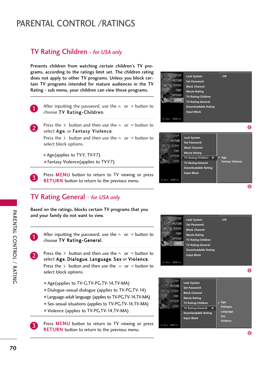 Tv rating children - for usa only, Tv rating general - for usa only, Parental control /ratings | Tv rating children, Tv rating general, For usa only, Parent al contr ol / r ating | LG Z47LC6DF-UL User Manual | Page 72 / 104