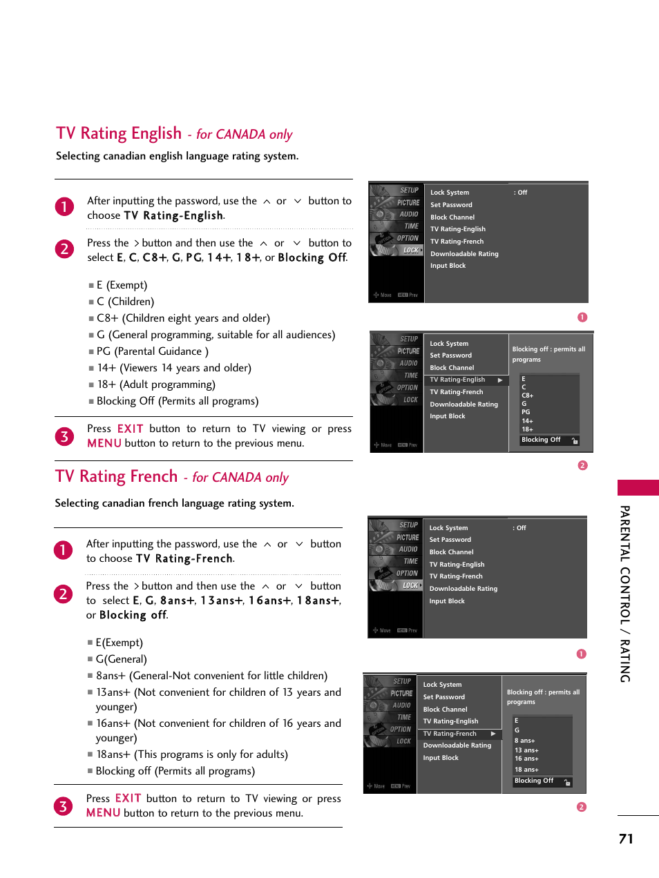 Tv rating english - for canada only, Tv rating french - for canada only, Tv rating english | Tv rating french, For canada only, Parent al contr ol / r ating | LG Z47LC6DF-UL User Manual | Page 73 / 104