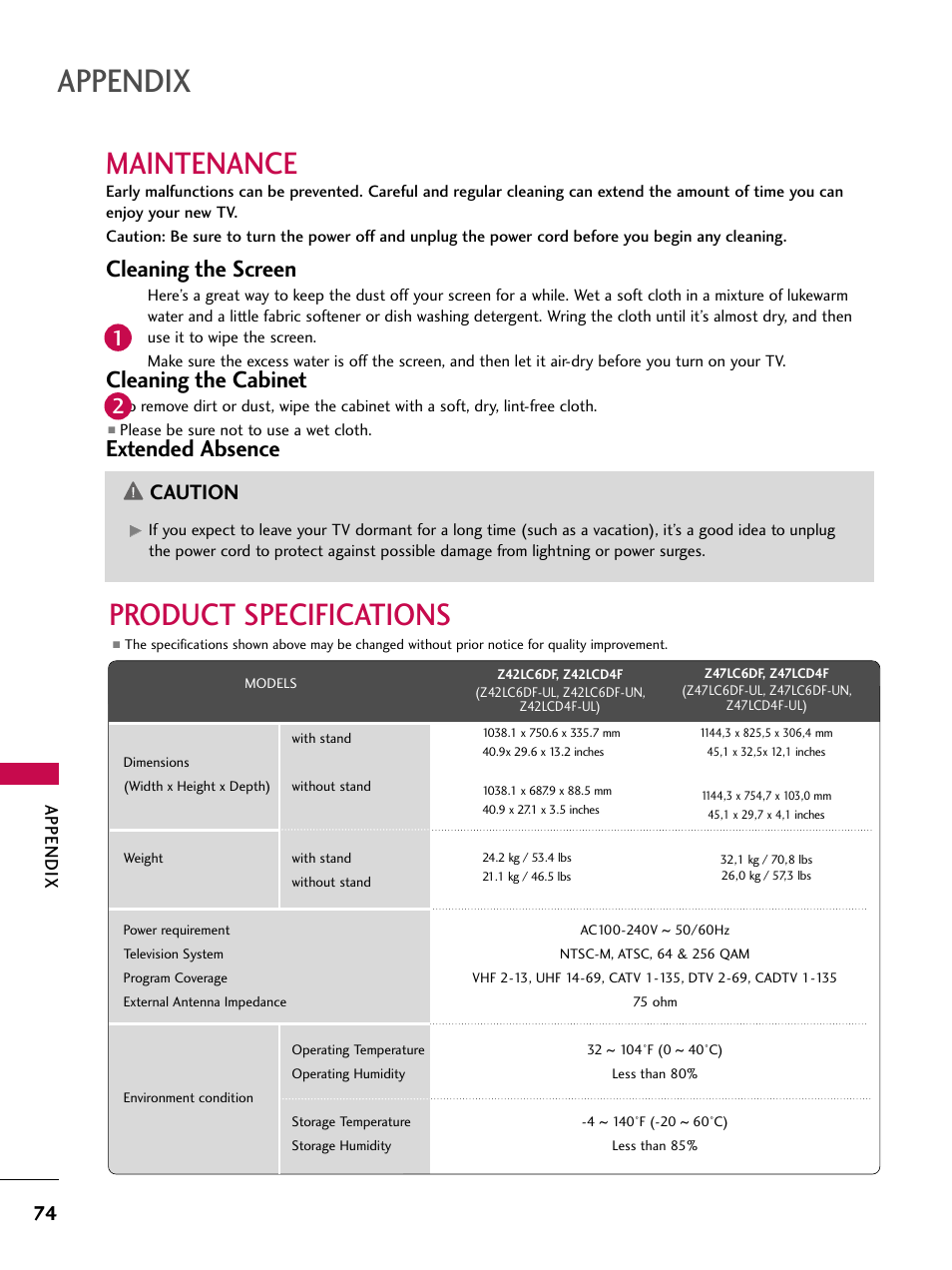 Maintenance, Product specifications, Cleaning the screen | Cleaning the cabinet, Extended absence, Caution, Appendix | LG Z47LC6DF-UL User Manual | Page 76 / 104