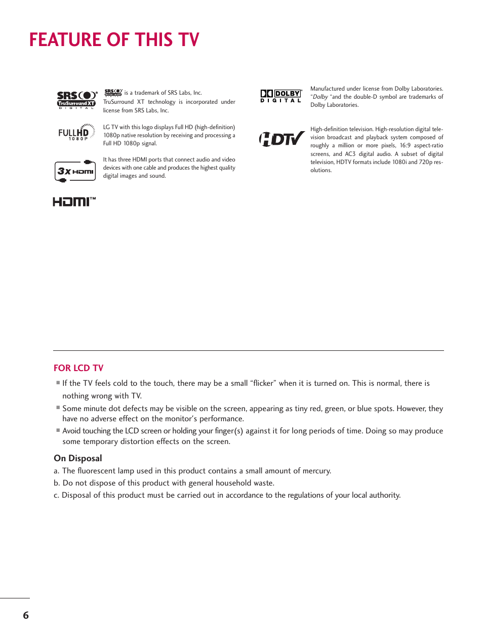 Feature of this tv, For lcd tv, On disposal | LG Z47LC6DF-UL User Manual | Page 8 / 104