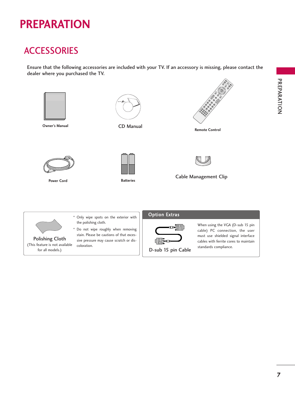 Preparation, Accessories, Prep ar ation | Polishing cloth, Pa g e, Owner's manual owner’s manual batteries, Remote control power cord, This feature is not available for all models.) | LG Z47LC6DF-UL User Manual | Page 9 / 104