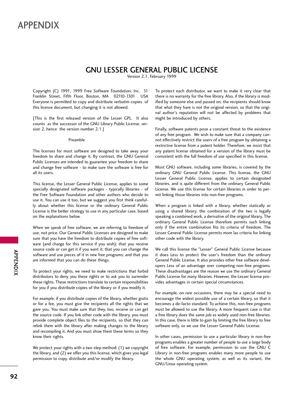 Appendix, Gnu lesser general public license | LG Z47LC6DF-UL User Manual | Page 94 / 104