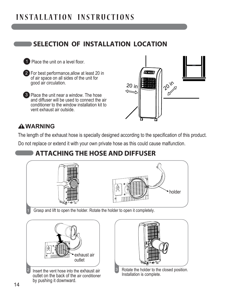 Selection of installation location, Attaching the hose and diffuser | LG LP0814WNR User Manual | Page 14 / 26