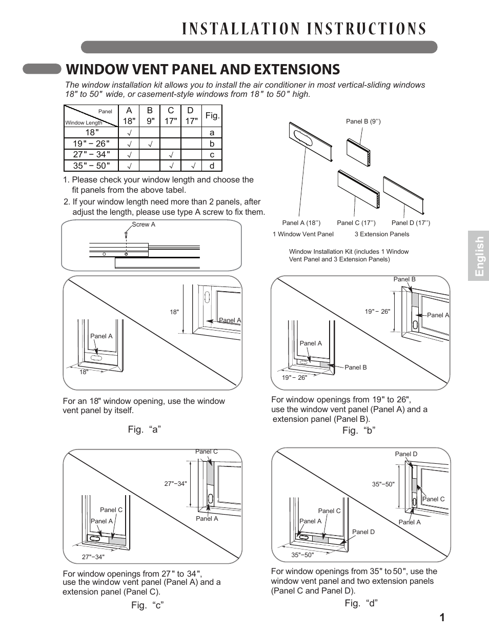 Window vent panel and extensions, English | LG LP0814WNR User Manual | Page 15 / 26