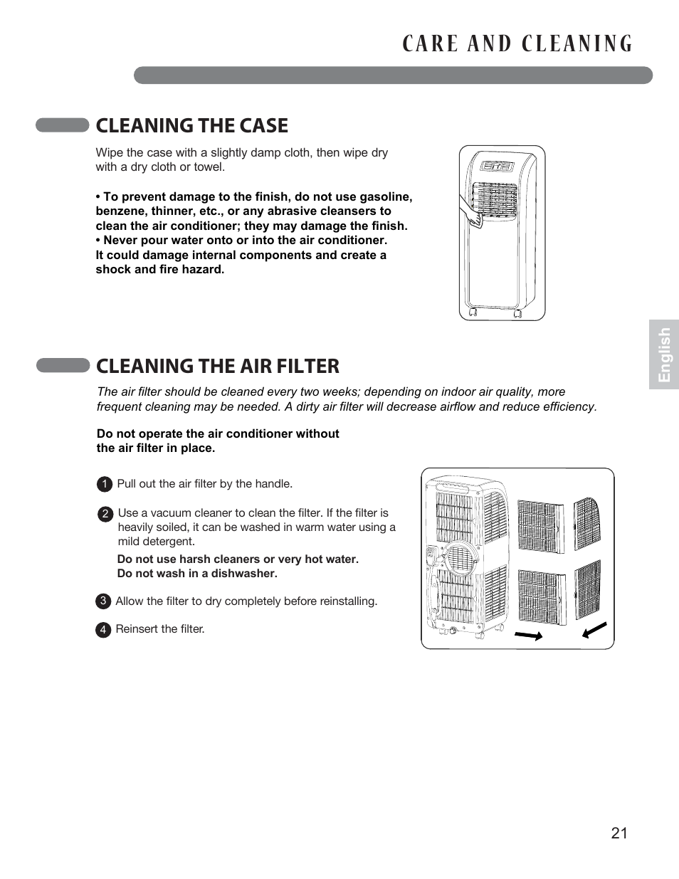 Cleaning the case, Cleaning the air filter | LG LP0814WNR User Manual | Page 20 / 26