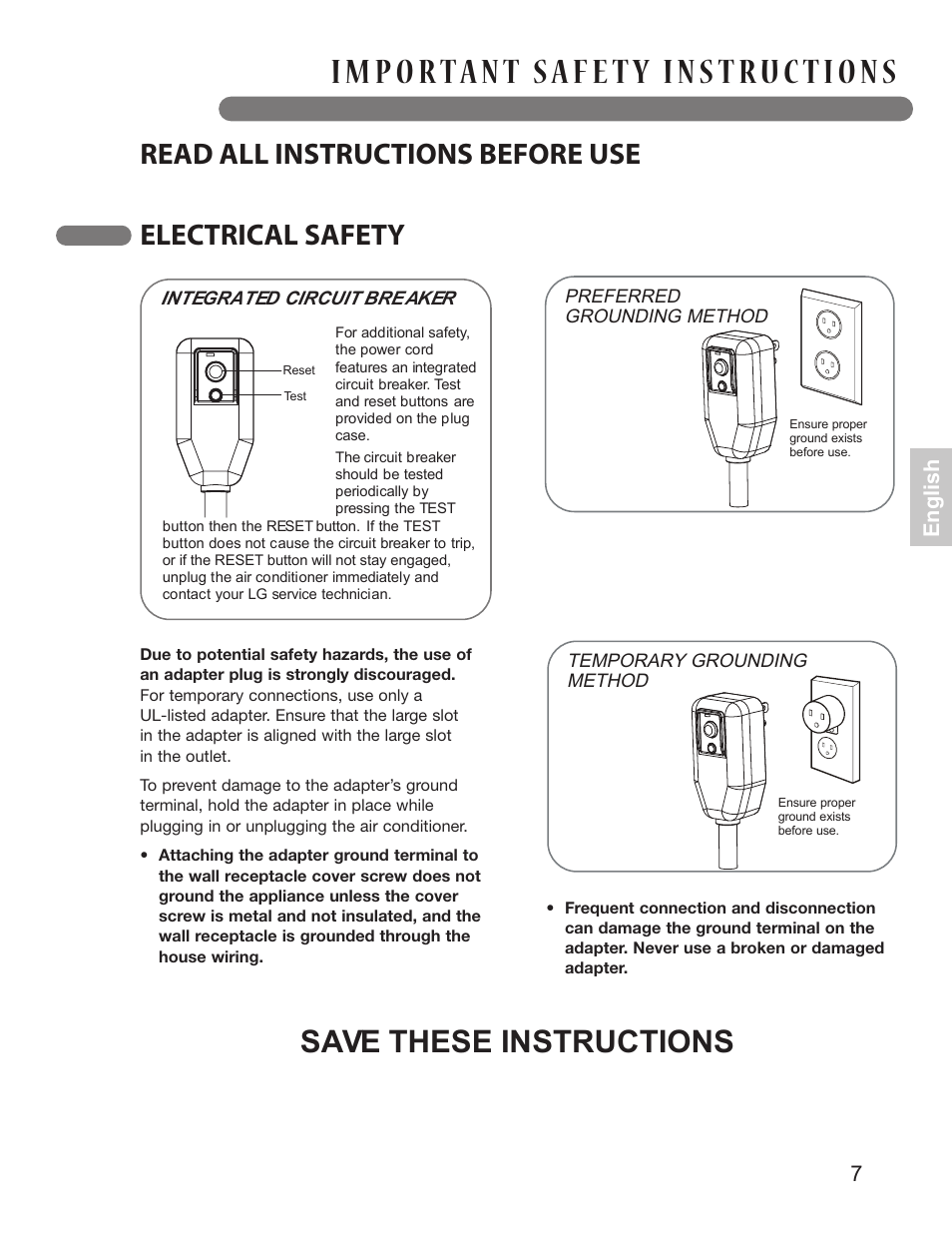 Save these instructions, Read all instructions before use, Electrical safety | 7english | LG LP0814WNR User Manual | Page 7 / 26