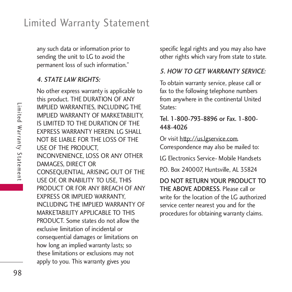 Limited warranty statement | LG VM265 User Manual | Page 100 / 205