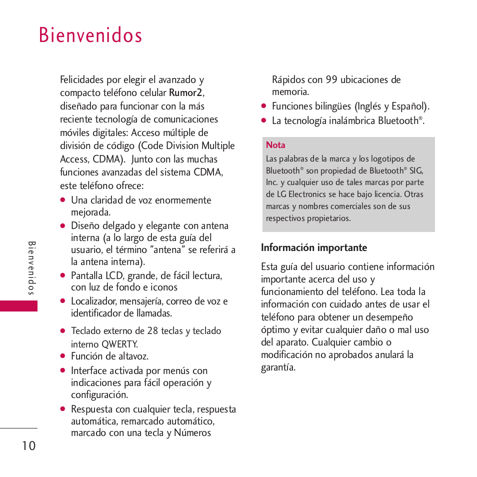 Bienvenidos, Información importante | LG VM265 User Manual | Page 112 / 205