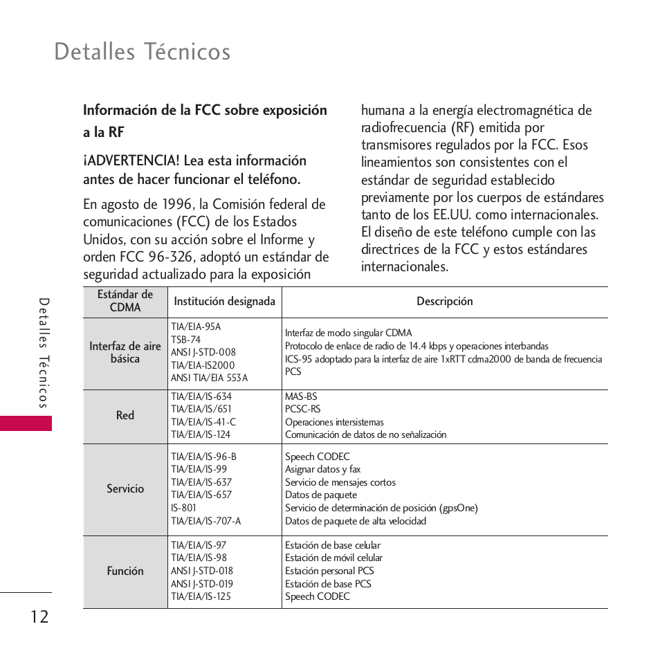 Información de la fcc sobre, Información de la fcc sobre exposición a la rf 12, Detalles técnicos | LG VM265 User Manual | Page 114 / 205