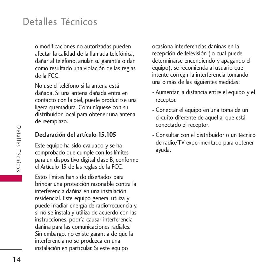 Declaración del artículo 15.105, Detalles técnicos | LG VM265 User Manual | Page 116 / 205