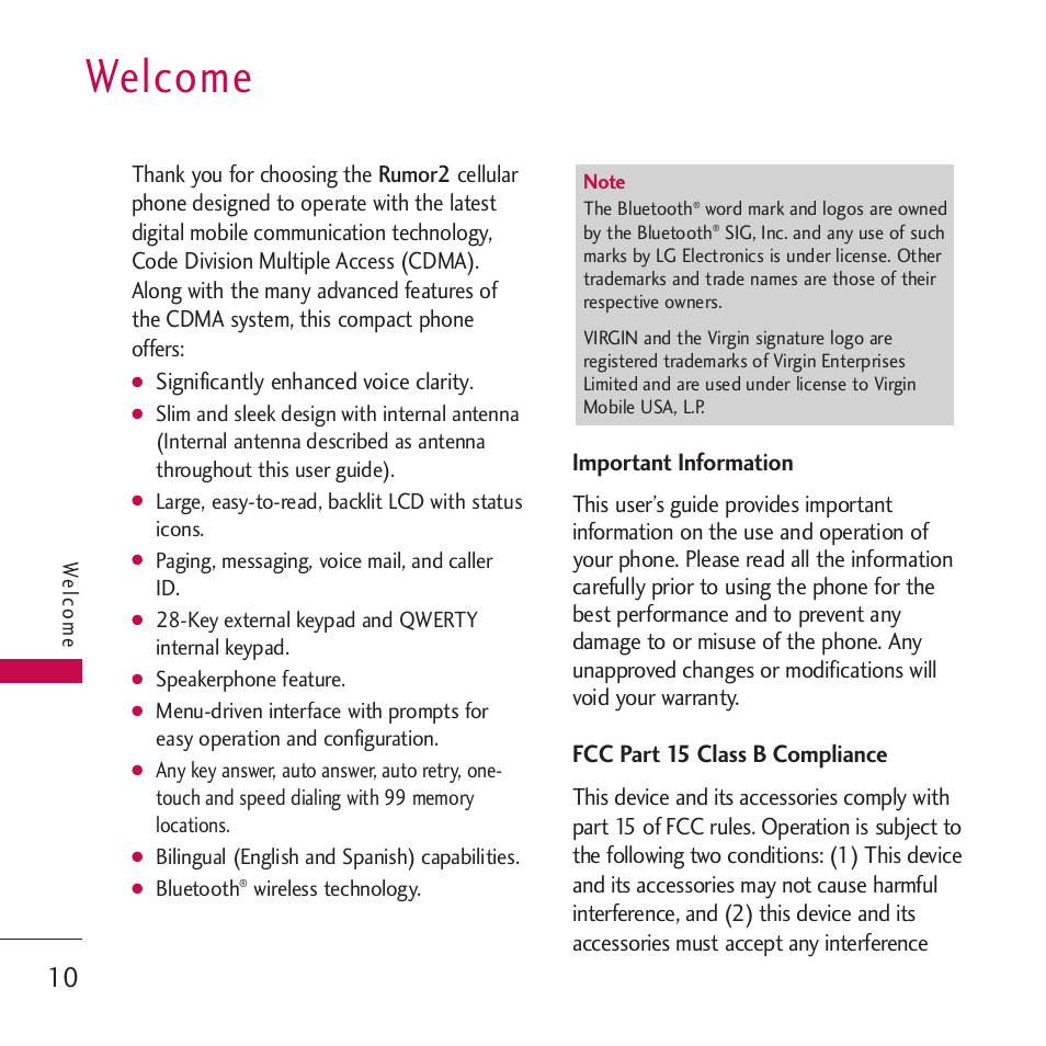 Important information, Fcc part 15 class b compliance, Welcome | LG VM265 User Manual | Page 12 / 205