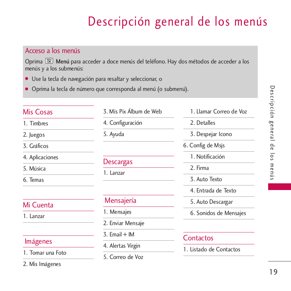 Descripción general de los m, Descripción general de los menús 19, Descripción general de los menús | Mis cosas, Mi cuenta, Imágenes, Descargas, Mensajería, Contactos, Acceso a los menús | LG VM265 User Manual | Page 121 / 205
