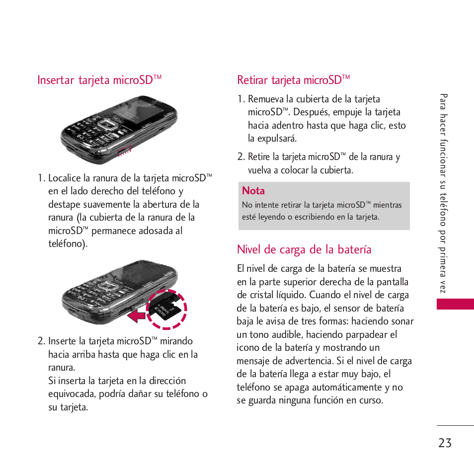 Tarjeta microsdtm, Nivel de carga de la batería, Tarjeta microsd | Insertar tarjeta microsd, Retirar tarjeta microsd | LG VM265 User Manual | Page 125 / 205