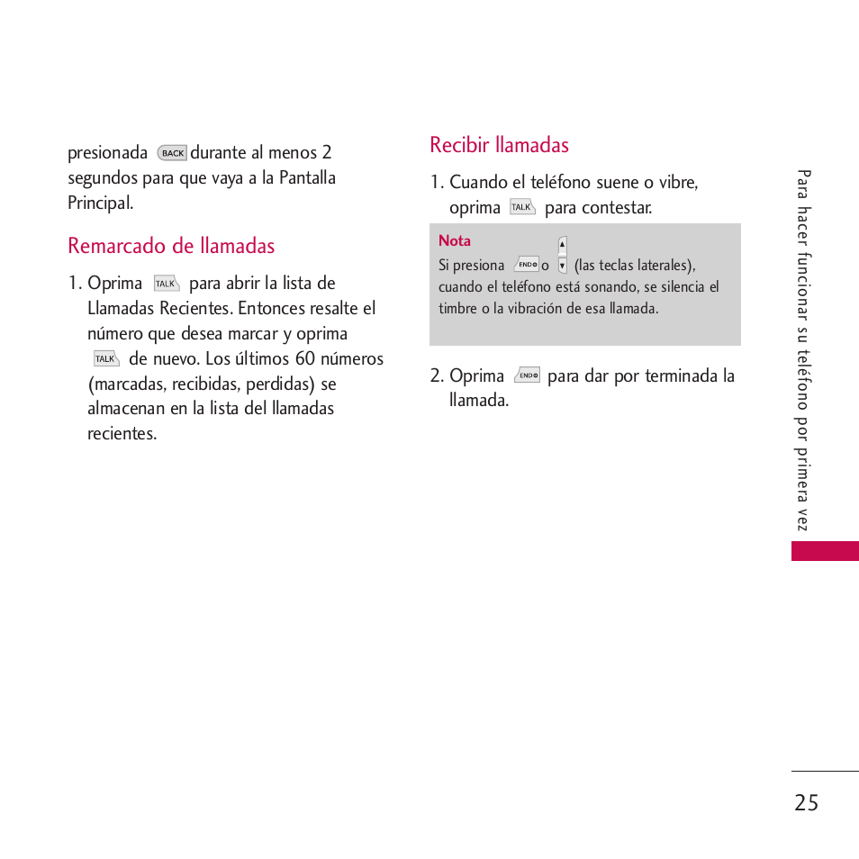 Remarcado de llamadas, Recibir llamadas | LG VM265 User Manual | Page 127 / 205