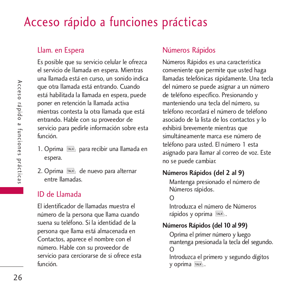 Acceso rápido a funciones, Llam. en espera, Id de llamador | Números rápidos, Acceso rápido a funciones prácticas | LG VM265 User Manual | Page 128 / 205