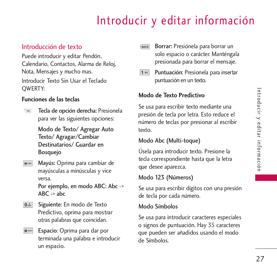 Introducir y editar información, Introducción de texto, Funciones de las teclas | LG VM265 User Manual | Page 129 / 205