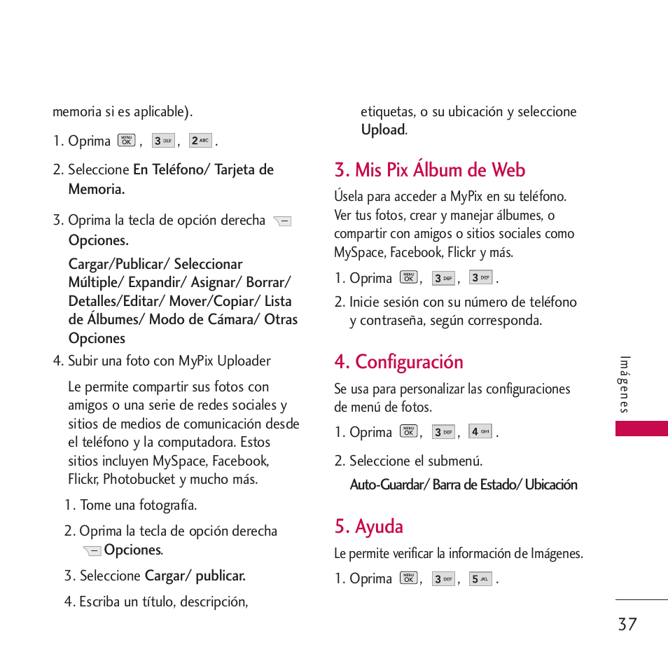 Mis pix álbum de web, Configuración, Ayuda | LG VM265 User Manual | Page 139 / 205