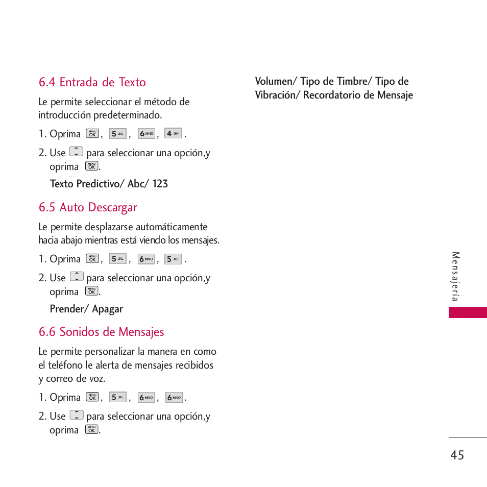 4 entrada de texto, 5 auto descargar, 6 sonidos de mensajes | LG VM265 User Manual | Page 147 / 205