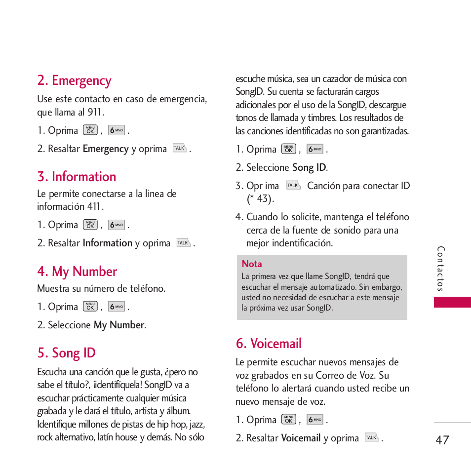 Emergency, Information, My number | Song id, Voicemail | LG VM265 User Manual | Page 149 / 205
