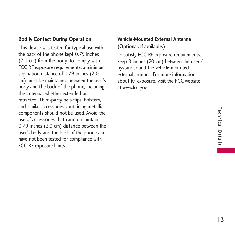 Bodily contact during operation, Vehicle-mounted external ant, Vehicle-mounted external antenna | Optional, if available.) | LG VM265 User Manual | Page 15 / 205