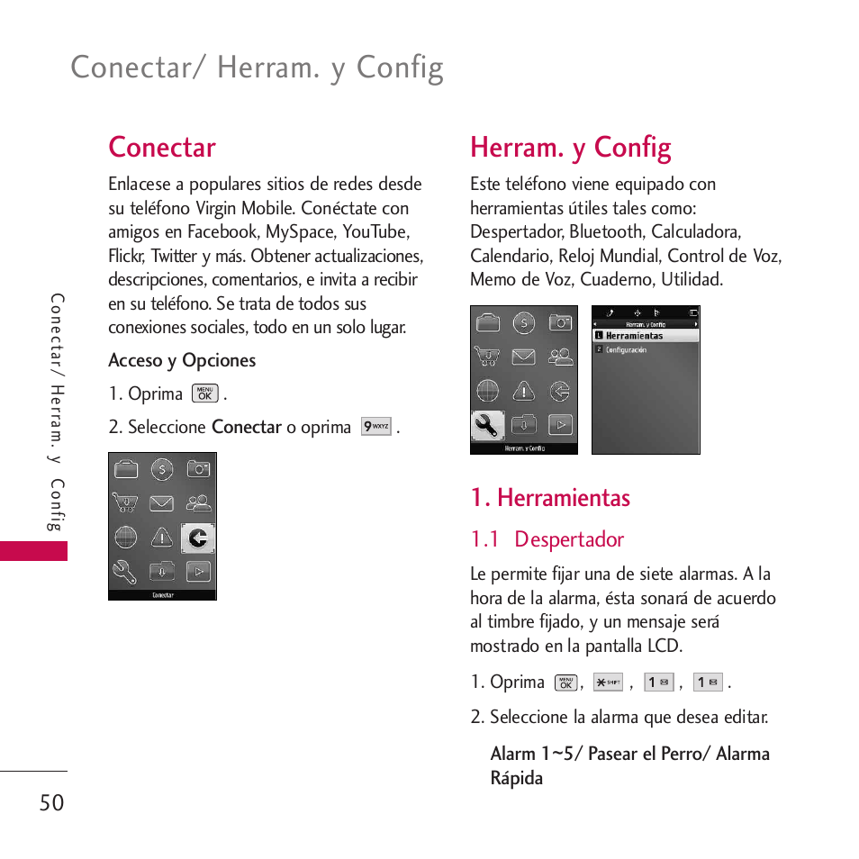 Conectar, Herram. y config, Herramientas | 1 despertador, Conectar/ herram. y config | LG VM265 User Manual | Page 152 / 205