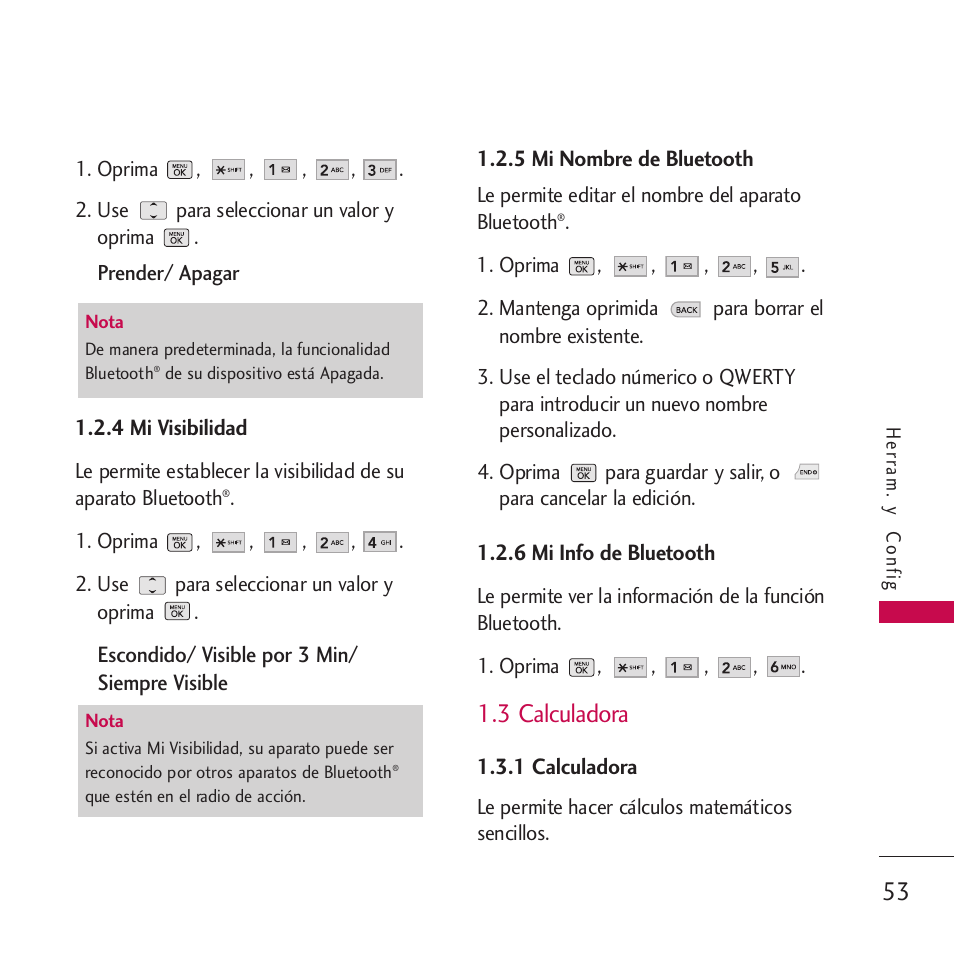 4 mi visibilidad, 5 mi nombre de bluetooth, 6 mi info de bluetooth | 3 calculadora, 1 calculadora | LG VM265 User Manual | Page 155 / 205