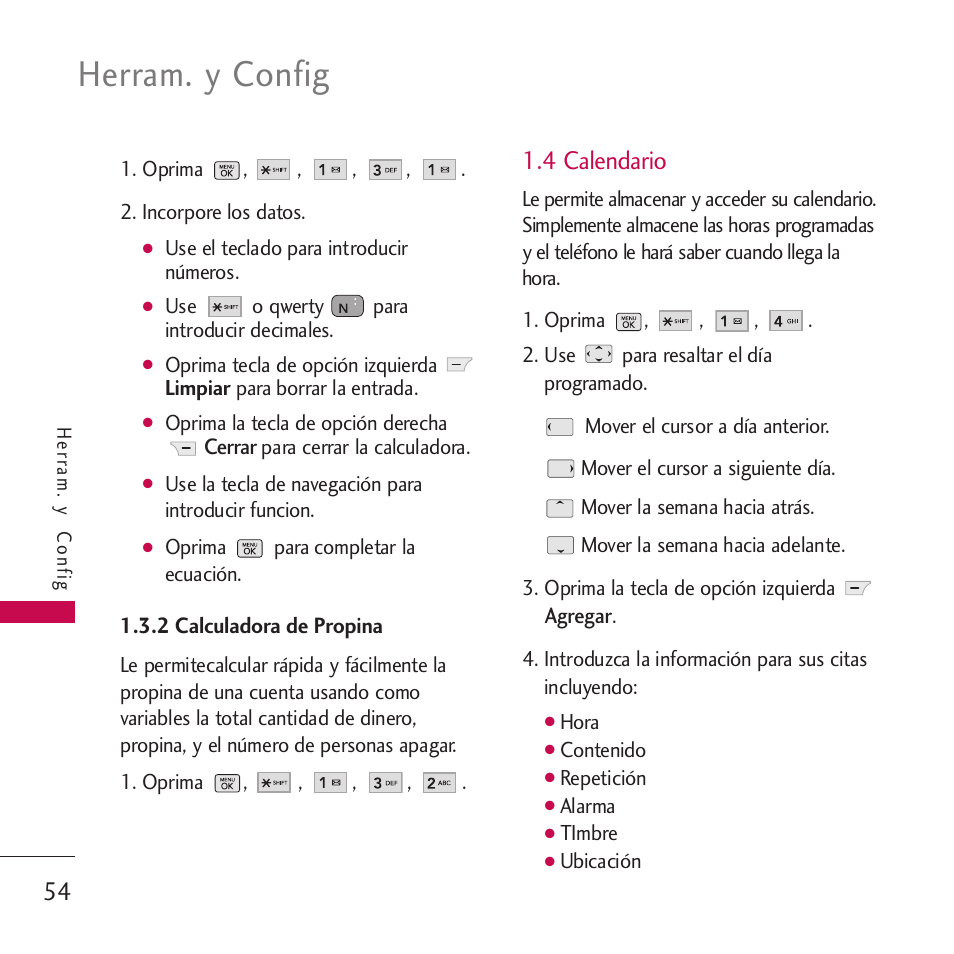 2 calculadora de propina, 4 calendario, Herram. y config | LG VM265 User Manual | Page 156 / 205