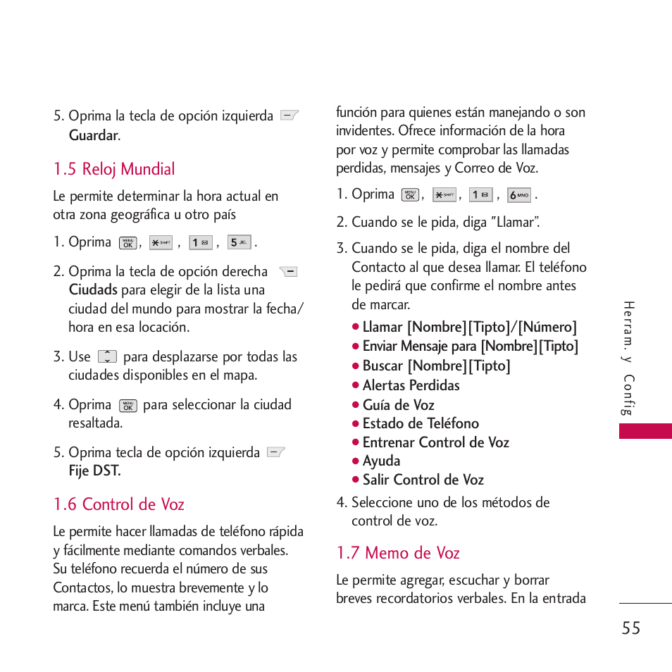 5 reloj mundial, 6 control de voz, 7 memo de voz | LG VM265 User Manual | Page 157 / 205