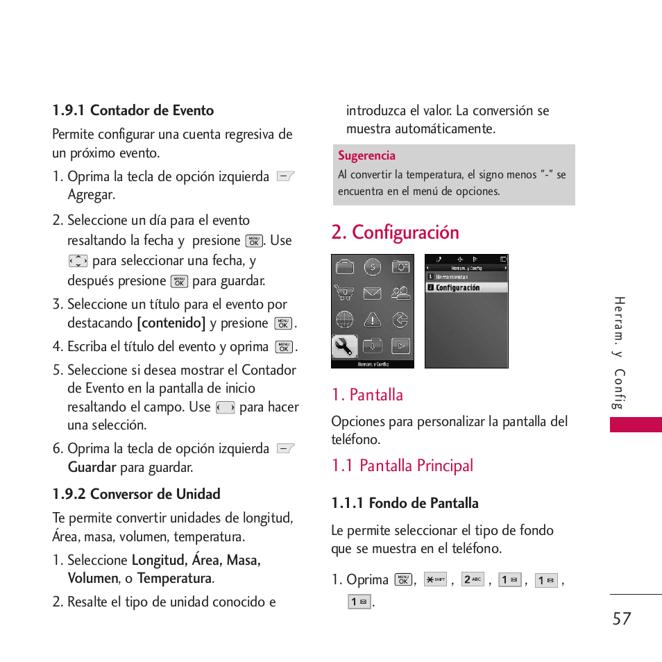 1 contador de evento, 2 conversor de unidad, Configuración | Pantalla, 1 pantalla principal, 1 fondo de pantalla | LG VM265 User Manual | Page 159 / 205